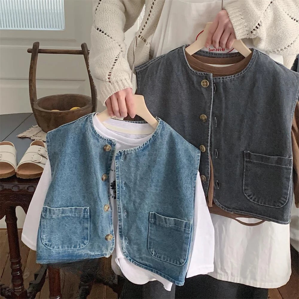 2024 Spring New Kids solid color denim waistcoats Boys and girls vintage all-match outerwear Tops Vest - Image 2