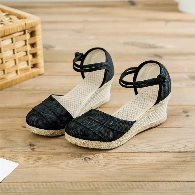 Veowalk Vintage Women Sandals Casual Linen Canvas Wedge Sandials Summer Ankle Strap 6cm Med Heel Platform Pump Espadrilles Shoes - Image 6