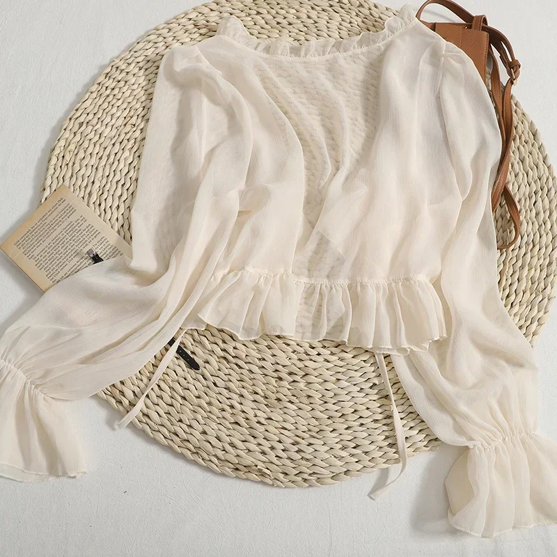 2025 Flounce Chiffon Sunscreen Shirt Women Summer Ice Silk Solid Thin Sweet Ruched Flare Sleeve V-neck Cardigans Female - Image 3