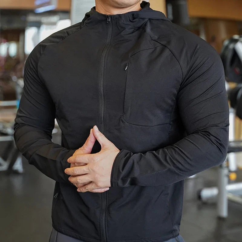 High Quality Nylon Sport Coat Mens Gym Fitness Hoodies Outdoor Workout Tops Hooded Training Running Zipped Jacket Clothes - Image 5