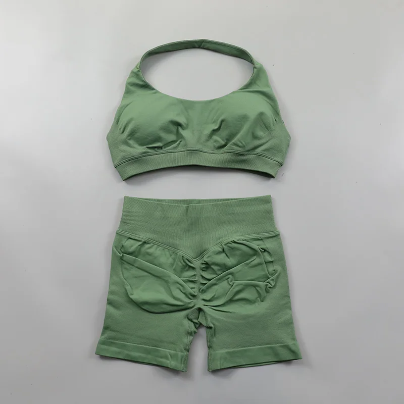 Impact Shorts Set Seamless Yoga Set Women Halter Sports Bra Low Waist Scrunch Bum Gym Shorts 2 PCS Sports Suits Workout Clothes - Image 3