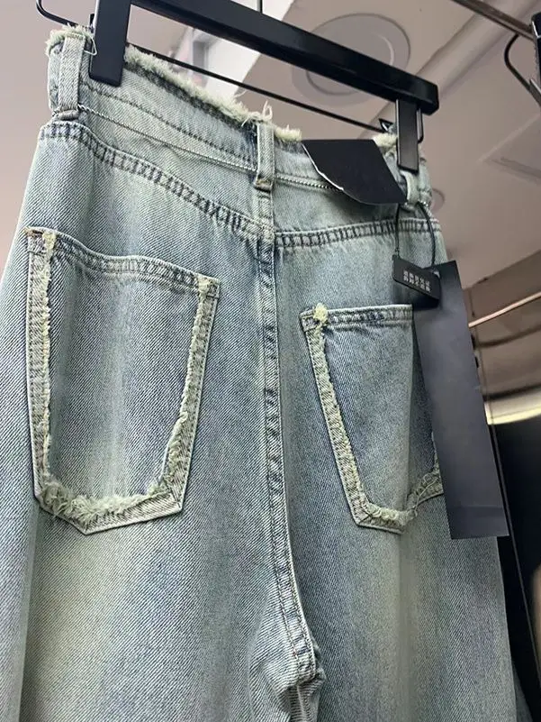 Heavy Embroidery Hot Drilling Starry Raw Hem High Waist Jeans Women's Summer Thin Loose Fashion Mop Wide Leg Pants - Image 4