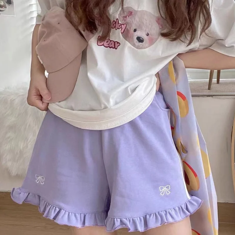 Sporty Shorts Women Ruffles Kawaii Bows Japanese Style Casual Loose Soft High Waist Summer Students Simple Fashion Popular Chic - Image 3