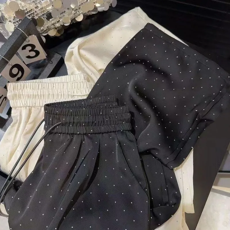 New Women High Waist Hot Diamonds Wide-legged Pants Summer Korean Chic Design Loose Straight-legged Pants Elastic Waist Trouser - Image 6