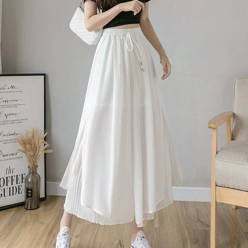 Women Pants Culottes Elastic Wide Leg Irregular Hem Double Layers Korean Trousers Summer Casual Loose Pleated Pants - Image 4