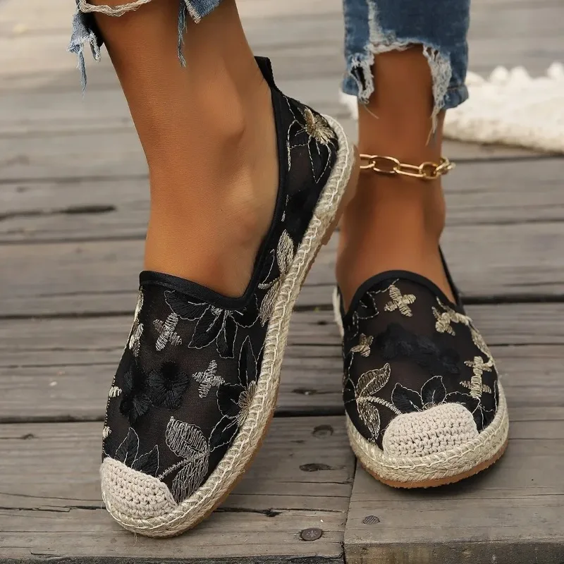 Large Size Single Shoe Women's 2024 Summer New Lace Mesh Hollowed Out Women's Flat Bottomed Fisherman's Shoes flat shoes women - Image 2