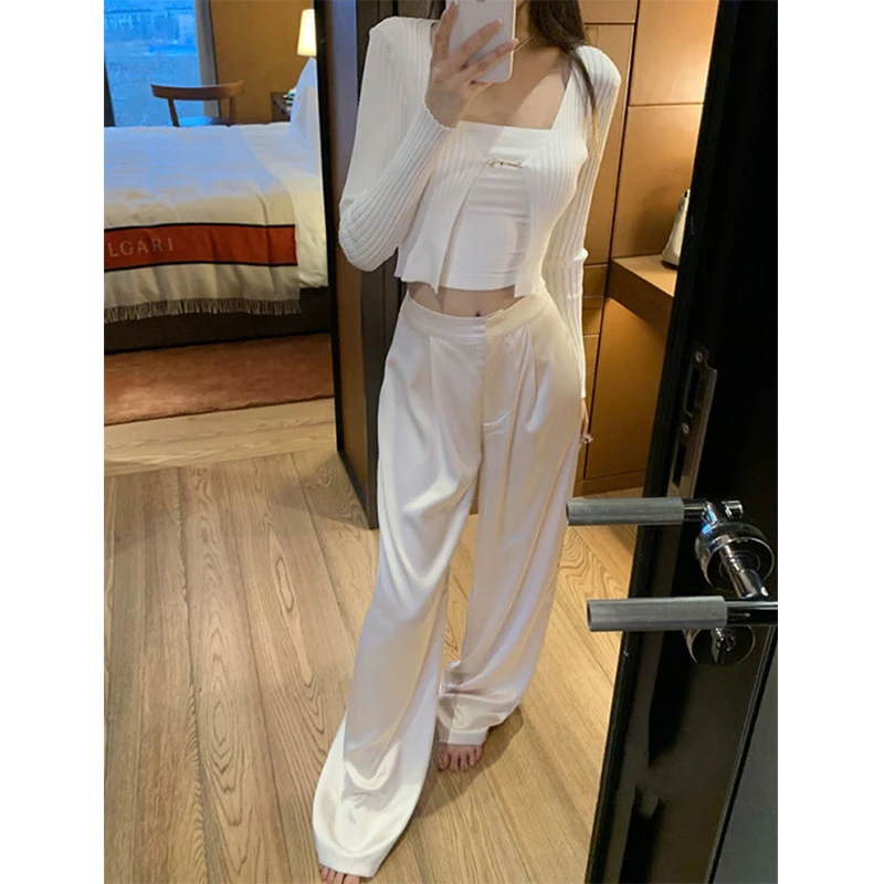 MEXZT Elegant Satin Wide Leg Pants Women 3Xl Fashion High Waist Black White Pants Summer Ladies Korean Baggy Straight Trousers - Image 4