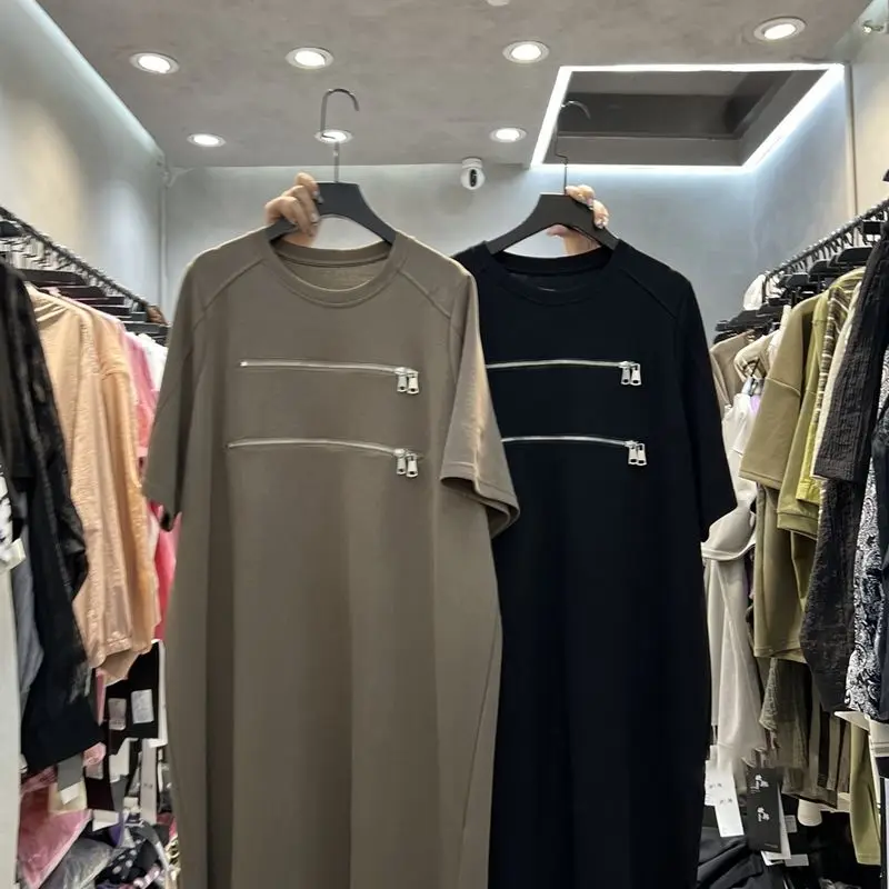 Summer New Zipper Patchwork T Shirt Dress Short Sleeve Round Neck Solid Plus Size Ladies Dresses Fashion Casual Women Clothing - Image 2