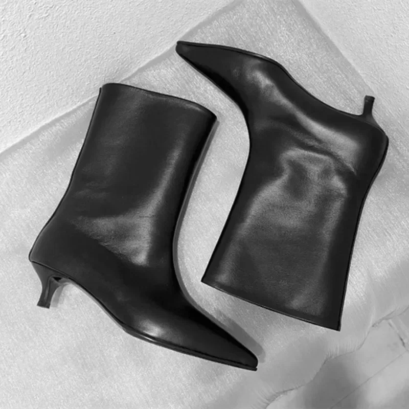 SEXY Black Pointed Toe Cat Heel Mid Calf Boots for Women Soft Leather PU Design Low Heel Wide Mouth French Style Ankle Boots - Image 2