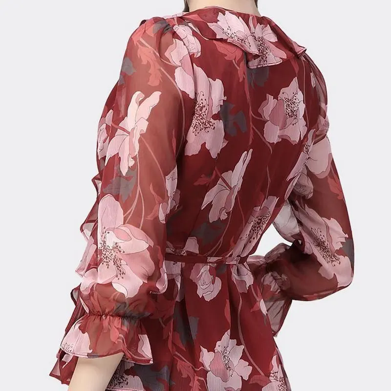Elegant V-Neck Blouse Fashion Ruffles Spliced Spring Summer Waist Drawstring Women's Clothing Commute Vintage Asymmetrical Shirt - Image 4
