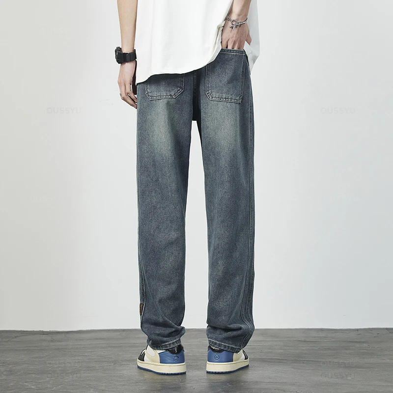 High Quality Cozy Cotton Fabric Men's Jeans Straight Denim Pants High Street Streetwear Korea Retro Blue Trousers Dropshipping - Image 5