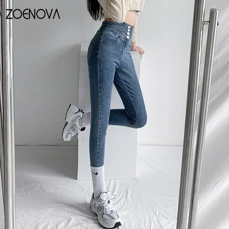 ZOENOVA Skinny Pencil Jeans Four Buttons Vintage High Waist Women Slim Stretch Denim Pants Tight Trousers 2022 Women's Pants - Image 5