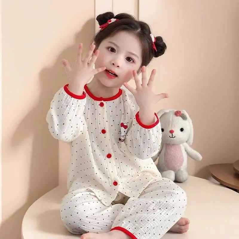 Sanrios Girls Pajamas Set Hello Kittys Spring Autumn Sky Cloud Cotton Long Sleeve Trousers Home Clothes Two-Piece Set Cartoon - Image 6
