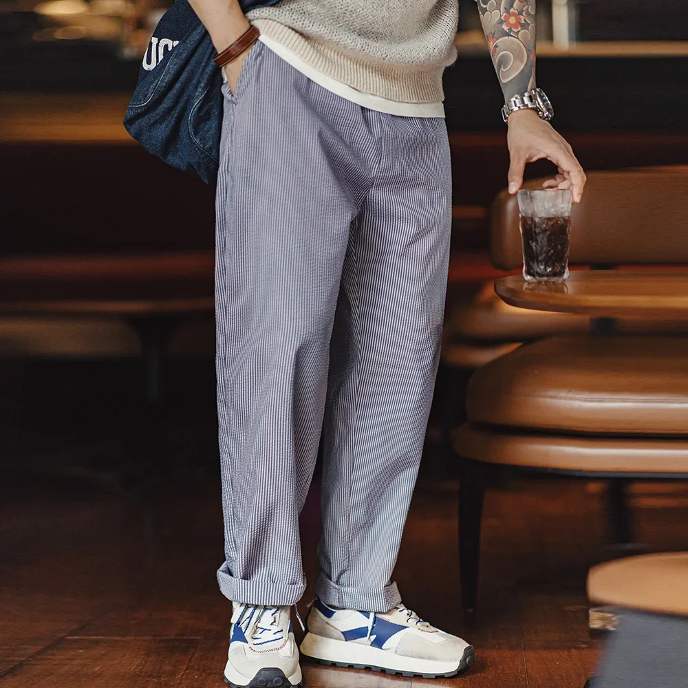Maden Easypants Seersucker Striped Casual Pants with Elastic Waist And Drawstring Design Iron-free Straight Trousers for Men - Image 3