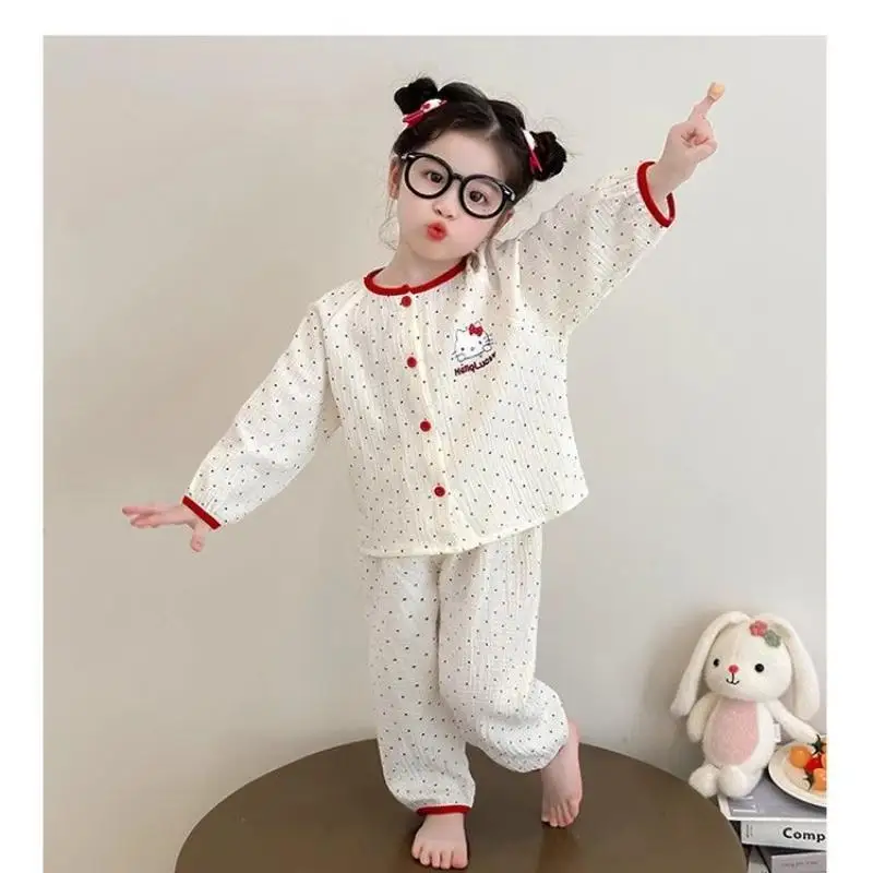 Sanrios Girls Pajamas Set Hello Kittys Spring Autumn Sky Cloud Cotton Long Sleeve Trousers Home Clothes Two-Piece Set Cartoon - Image 2