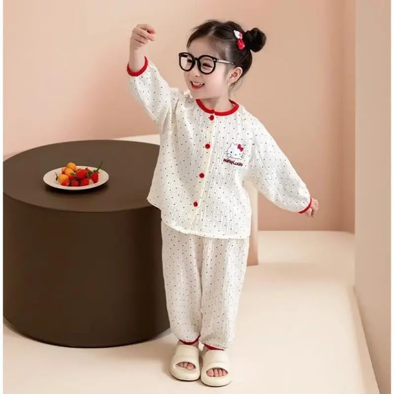 Sanrios Girls Pajamas Set Hello Kittys Spring Autumn Sky Cloud Cotton Long Sleeve Trousers Home Clothes Two-Piece Set Cartoon - Image 5