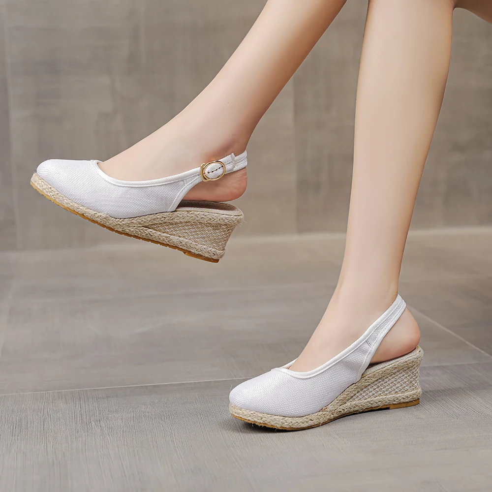 Veowalk Women Linen Cotton 6cm High Wedge Espadrilles Sandals Summer Bohemian Elegant Ladies Slingbacks Closed Toe Hemp Shoes - Image 6