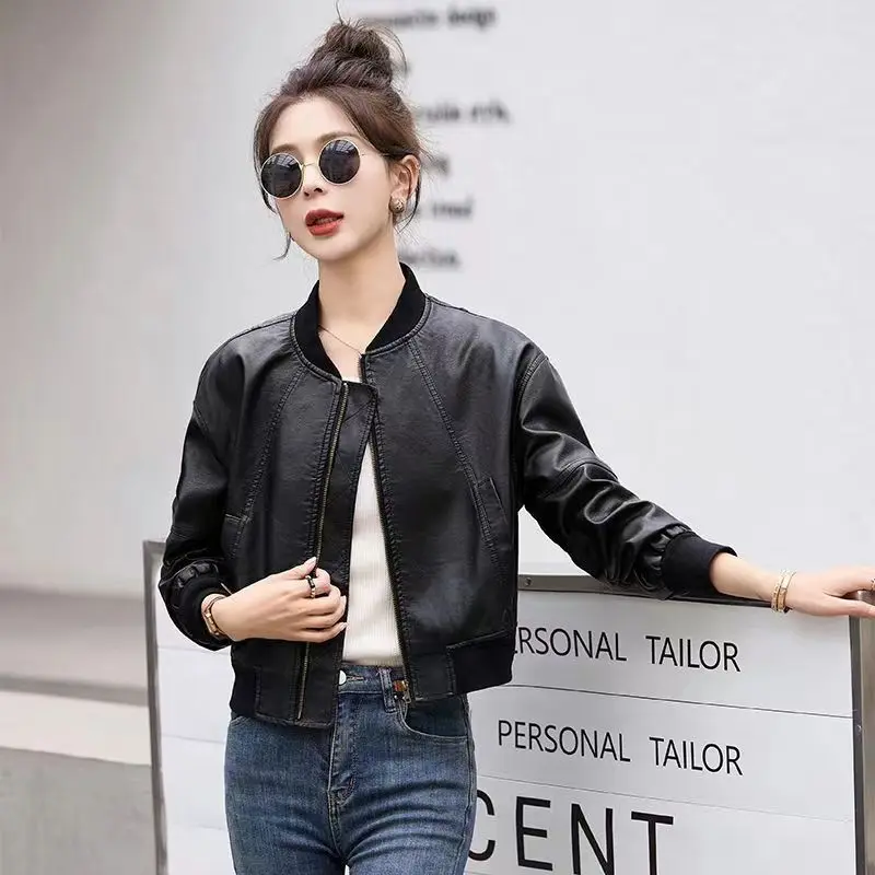 Hot Short Bomber Jacket for Women Spring Autumn Brown PU Leather Baseball Aviator Coat Woman Harajuku Pretty Luxury High Quality - Image 2