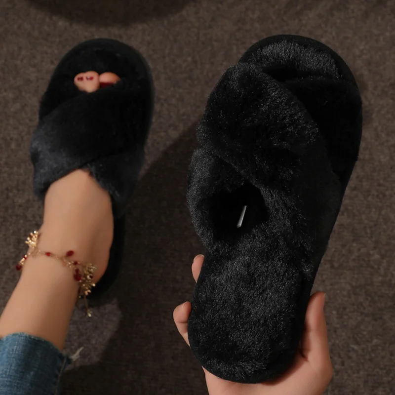 Fashion Cross Strap Fur Slippers Women Indoor Light Warm Plush Home Slippers Woman Faux Fur Flat Heel Couple Slides Plus Size 43 - Image 4