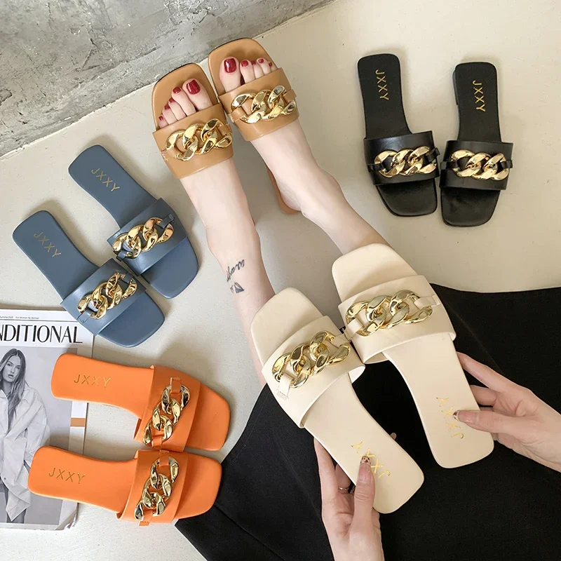 2024 New Fashion Women's Slippers Square Toe Chain Slippers Flat Slide Sandals Beach Flip Flops Metal Decoration Casual Shoes - Image 6