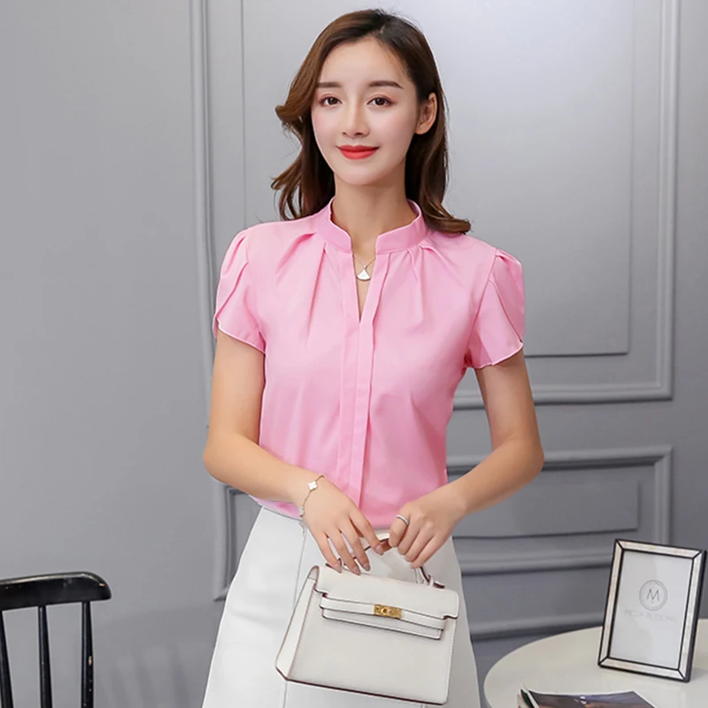 Women Chiffon Shirt Korean Elegant Slim Folds Short Sleeve Women Blouse New Casual Office Stand Collar All Match Ladies Tops - Image 5
