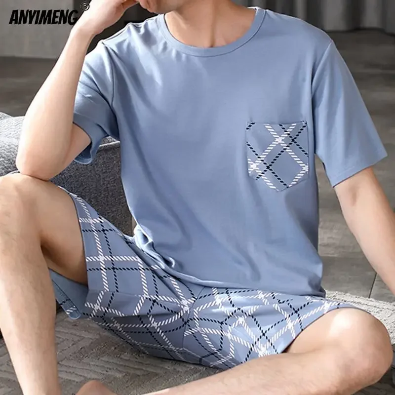 Men Pajamas Set Summer Cotton L-5XL Casual Sleepwear Minimalist Style Shorts Leisure Homewear Fashion Boys Nightwear Pijamas - Image 2