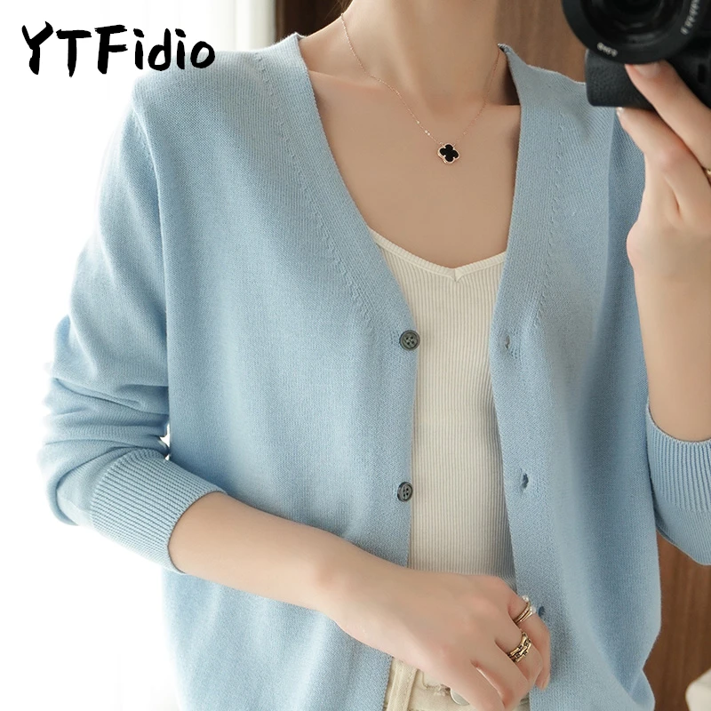 YTFidio 100% Cotton Women V-neck Long Sleeve Knitwear Cropped Coat Cardigans Sweaters Solid Casual 202 - Image 4