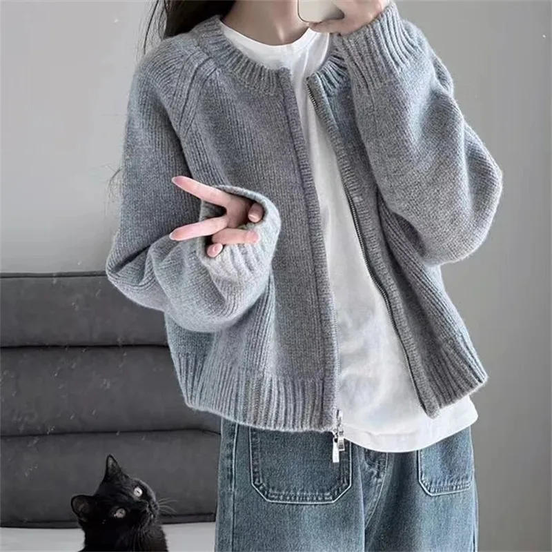Korean Women Knitted Sweater Autumn Winter Chic Loose Long Sleeve Cardigan Tops Simple Solid Color Sweater Jacket - Image 2