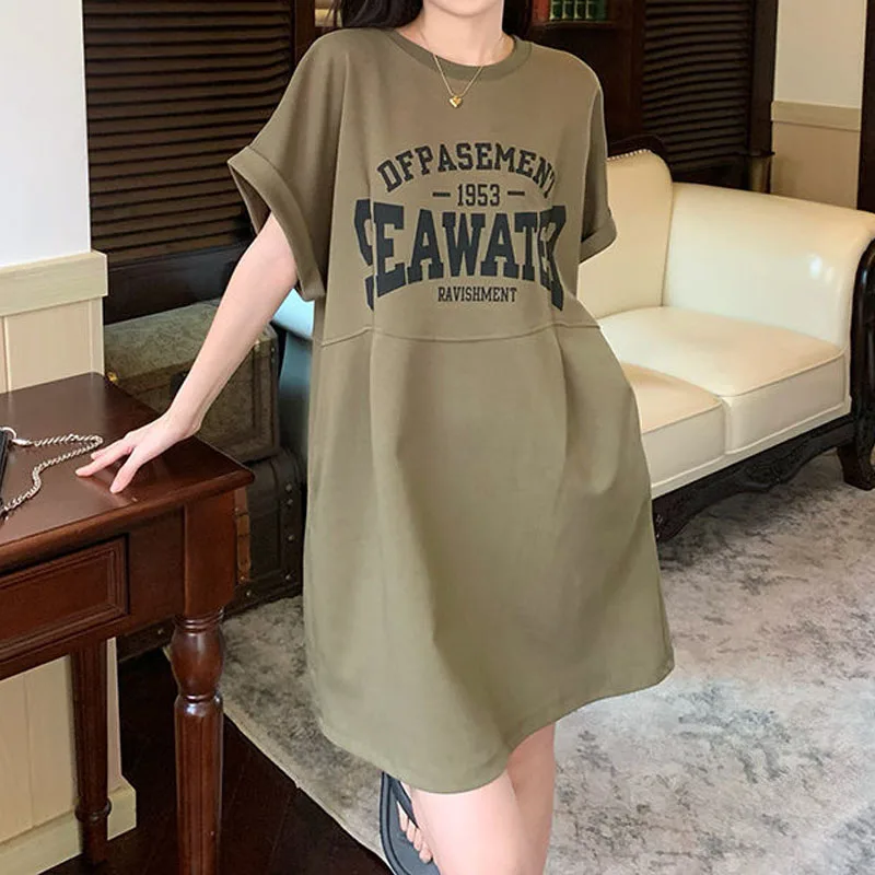Korean Fashion Letter Printed Dresses Summer Women's Clothing Round Neck Comfortable Casual Short Sleeve Mini Dresses for Female - Image 3