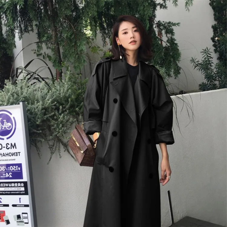Womens Autumn Classic Double Breasted Long Trench Jacket with Belt Female Solid Color Lapels Windbreaker Winter Coat for Women - Image 3