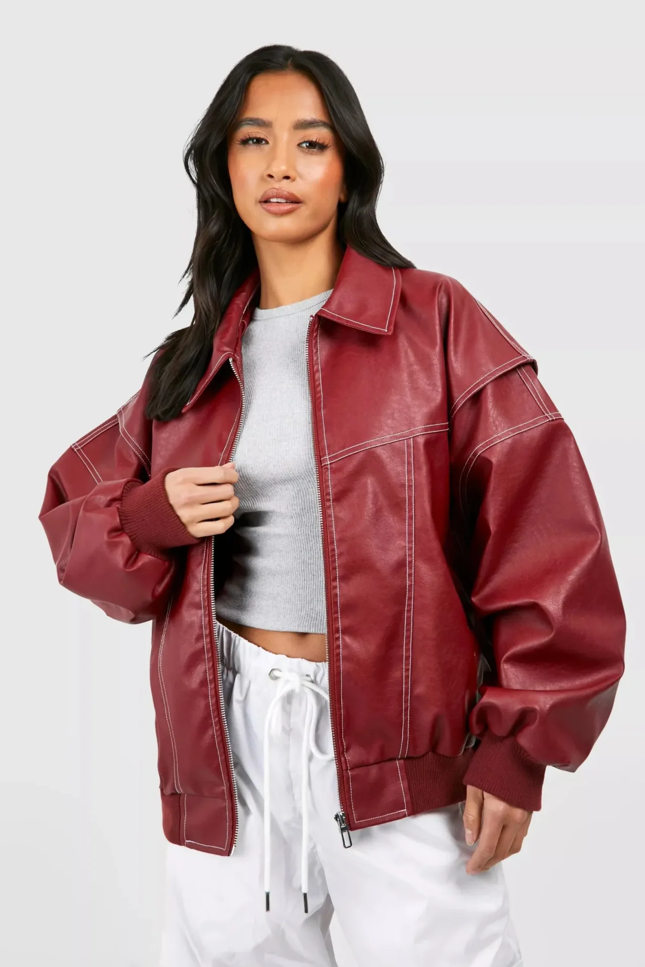 Vintage Solid Lapel Collar Zipper Women's Leather Jacket Casual Fashion Lapel Long Sleeve Coat 2024 Autumn Winter Outwear Tops - Image 2