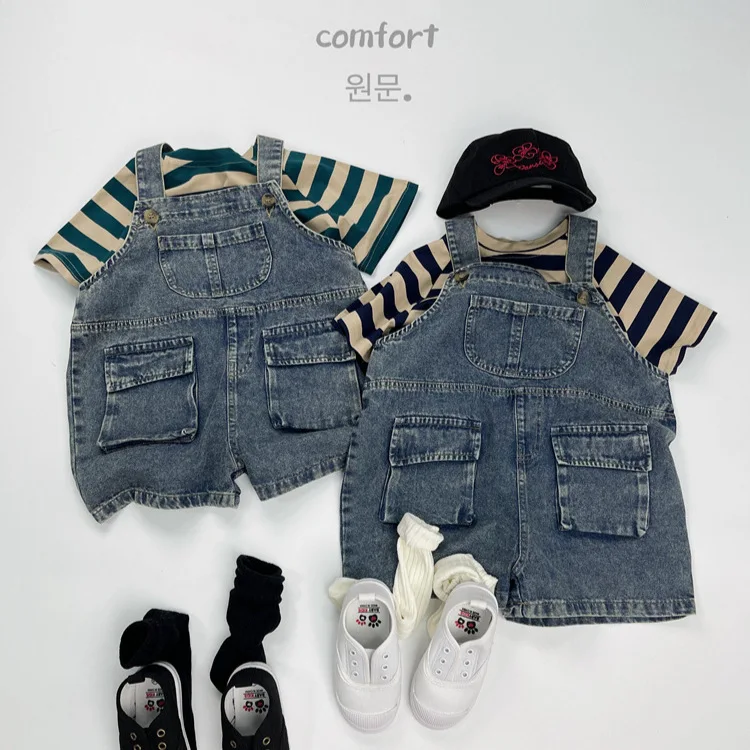 2025 Summer New Vintage Girls Overalls Kids Boys Pocket Denim Strap Pants Children Jeans Shorts Fashion Baby Clothes - Image 2