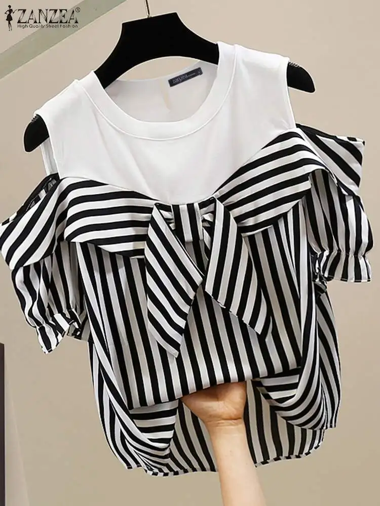 ZANZEA Women Cold Shoulder Blouse Fashion Plaid Stitching Shirt Holiday Summer Bowtie Short Sleeve Tops 2024 Vintage Loose Blusa - Image 4