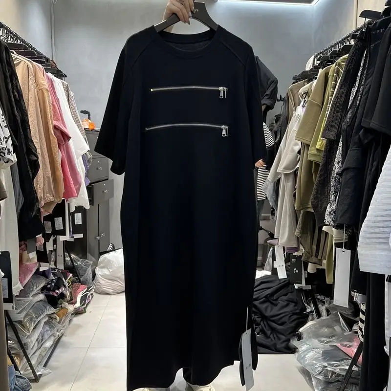 Summer New Zipper Patchwork T Shirt Dress Short Sleeve Round Neck Solid Plus Size Ladies Dresses Fashion Casual Women Clothing - Image 5