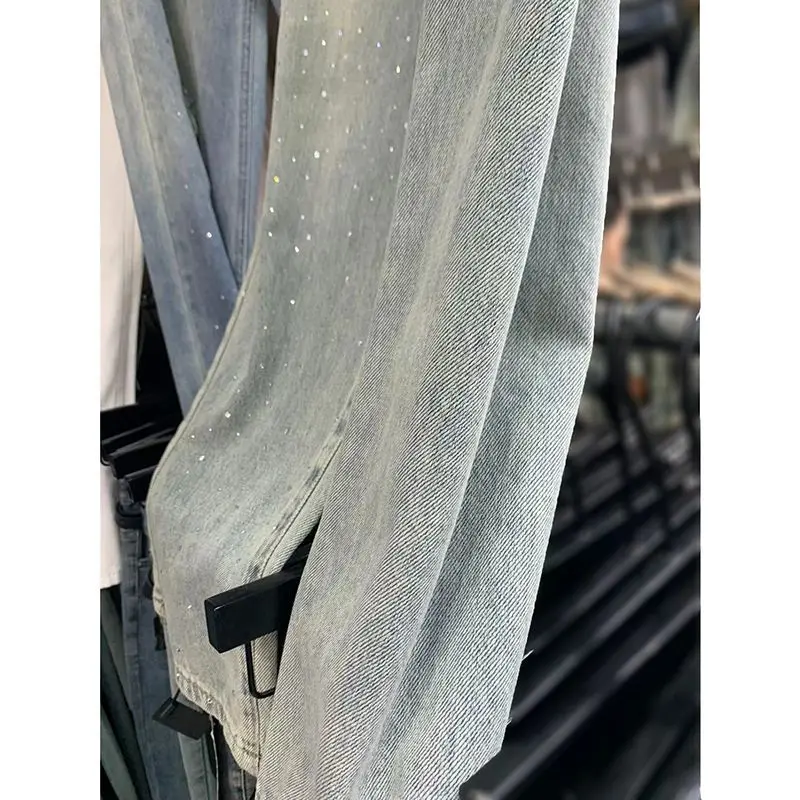 Heavy Embroidery Hot Drilling Starry Raw Hem High Waist Jeans Women's Summer Thin Loose Fashion Mop Wide Leg Pants - Image 2