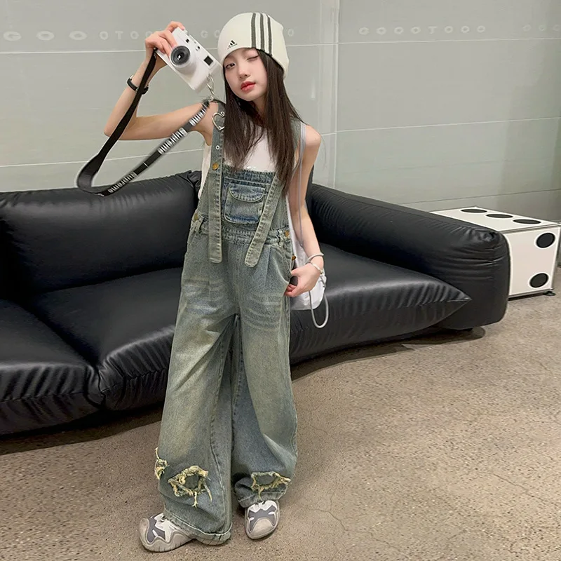Overalls for Kids Pink Loose Casual Wide Leg Jeans Teenage Girls Jumpsuit Fashion All-match 12 13 14 Years Children Trousers - Image 2