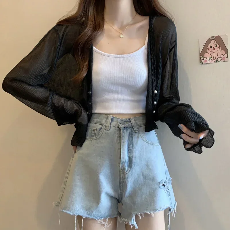 2025 Fairy Style Solid Cardigan Women Summer New Long Sleeve Sunscreen Sweet Beading V-neck Basics Loose Chiffon Cardigan - Image 4