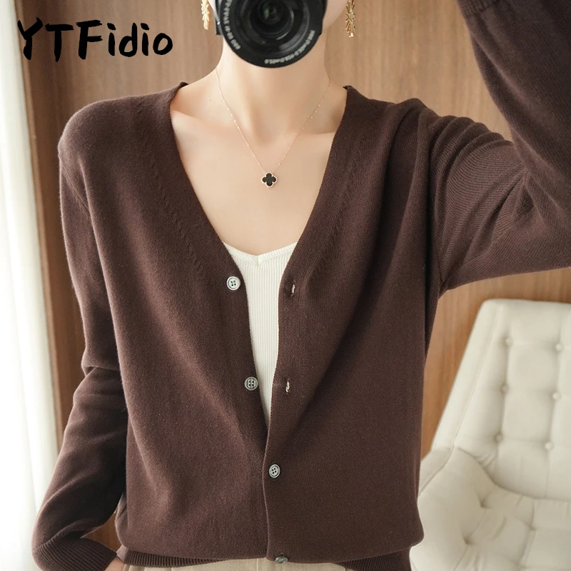 YTFidio 100% Cotton Women V-neck Long Sleeve Knitwear Cropped Coat Cardigans Sweaters Solid Casual 202 - Image 3