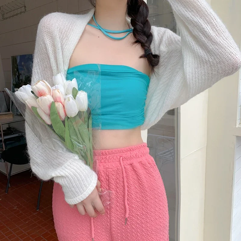 Combhasaki Women's Summer Open Front Bolero Shrug Long Sleeve Solid Color Sun Protection Transparent Knitted Cropped Cardigans - Image 4
