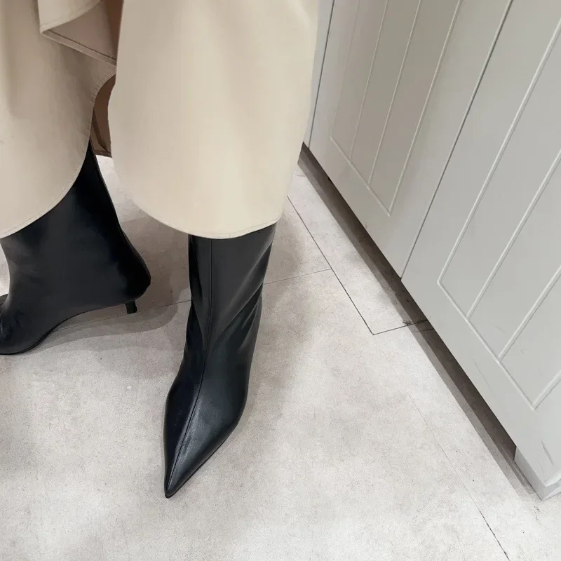 SEXY Black Pointed Toe Cat Heel Mid Calf Boots for Women Soft Leather PU Design Low Heel Wide Mouth French Style Ankle Boots - Image 6