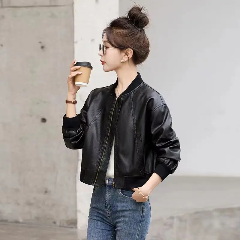 Hot Short Bomber Jacket for Women Spring Autumn Brown PU Leather Baseball Aviator Coat Woman Harajuku Pretty Luxury High Quality - Image 4