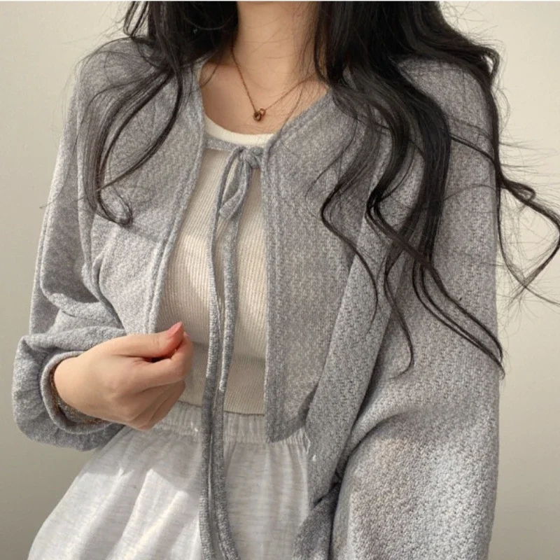 Thin White Cardigan Women Summer Sunscreen Lace-up Knitwear Tops Lady Korean Style Casual Lantern Sleeve Short Sun Protected Top - Image 2