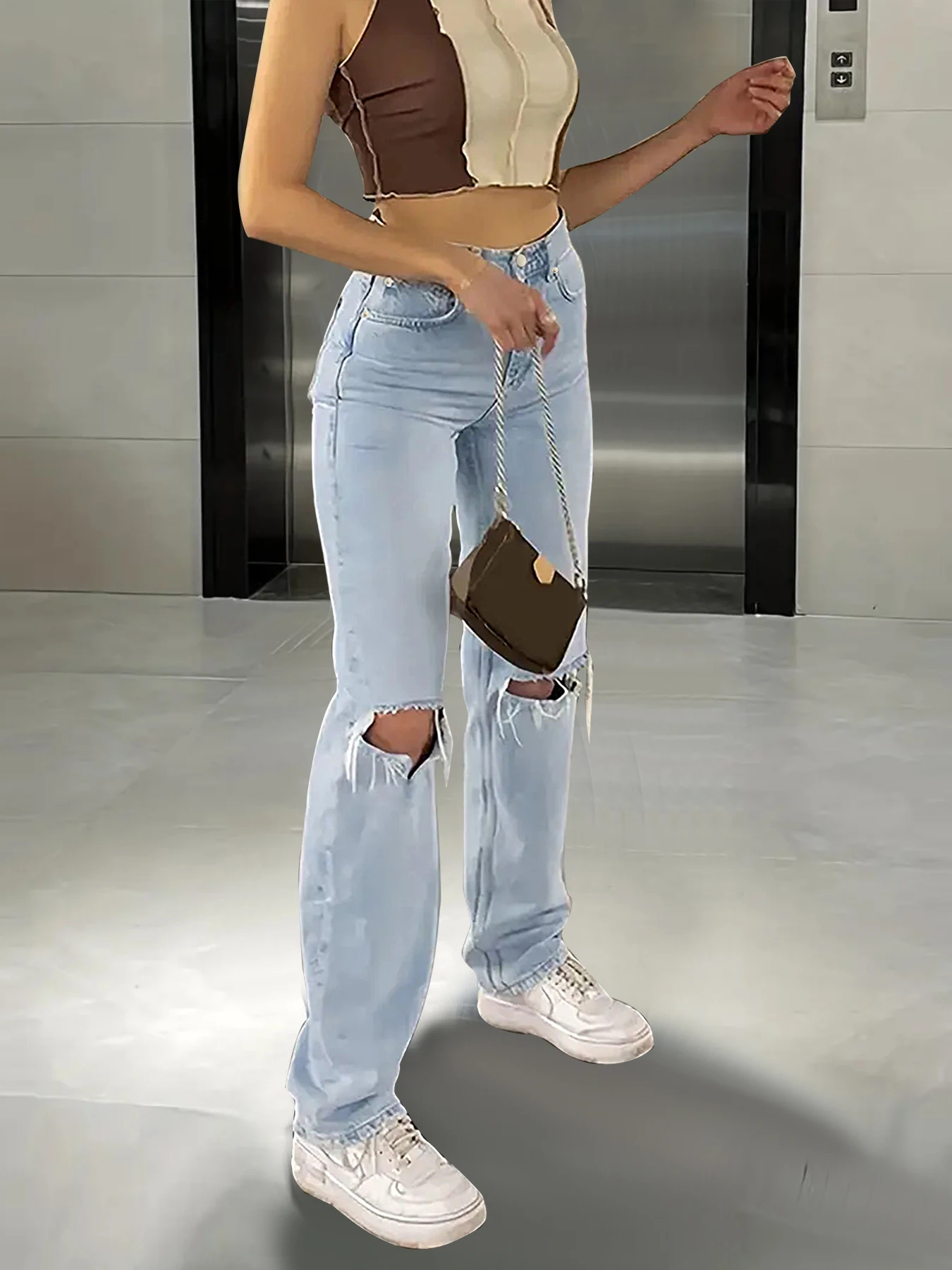2024 women's new knee-piercing jeans women's loose comfortable casual all-match straight micro-elastic jeans - Image 5