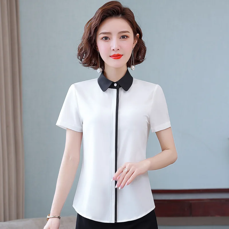 Summer New Women'S Short Sleeved Patchwork Temperament Chiffon Shirt Korean Fashionable Versatile Lapel Professional Top Female - Image 2