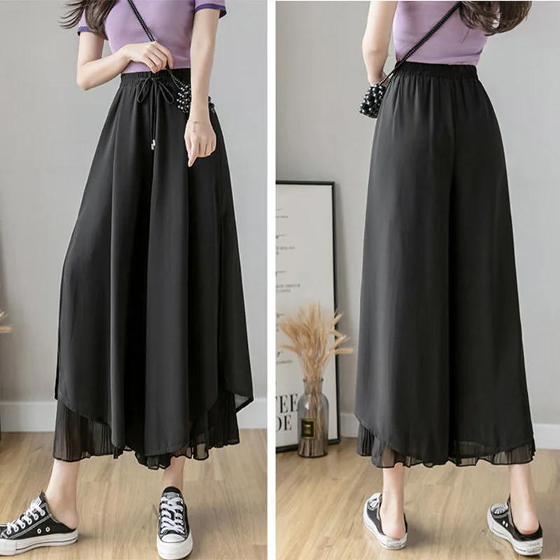 Women Pants Culottes Elastic Wide Leg Irregular Hem Double Layers Korean Trousers Summer Casual Loose Pleated Pants - Image 2