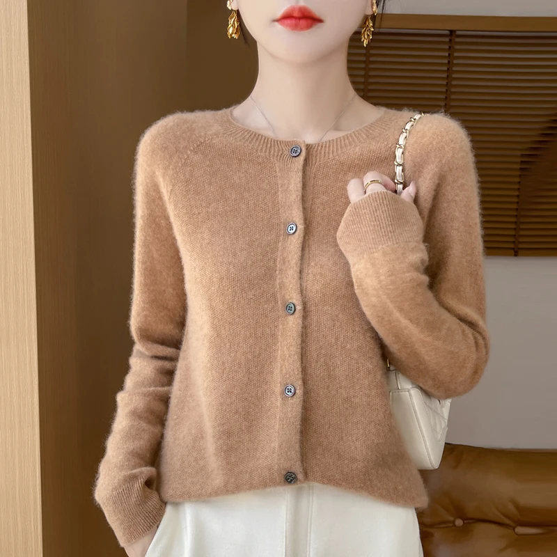 100% Merino Wool Long Sleeve Sweaters Cashmere Cardigan Spring Autumn Women O-Neck Knitwear Tops Clothing Fashion Basic Tops - Image 2