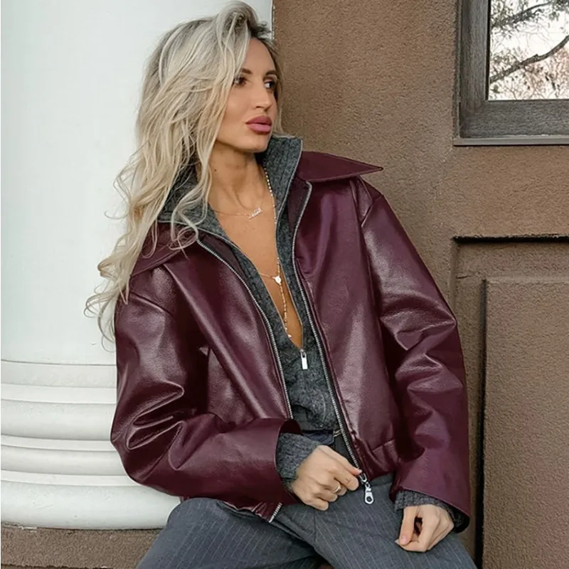 Angola Red Jacket Leather Motorcycle Street Fashion 2024 Autumn and Winter New Top Women's Elegant Coat - Image 4