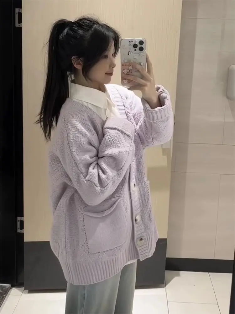 Purple knitted cardigan sweater, college style sweet knitted sweater for women's autumn winter new long sleeved V-neck sweater - Image 3