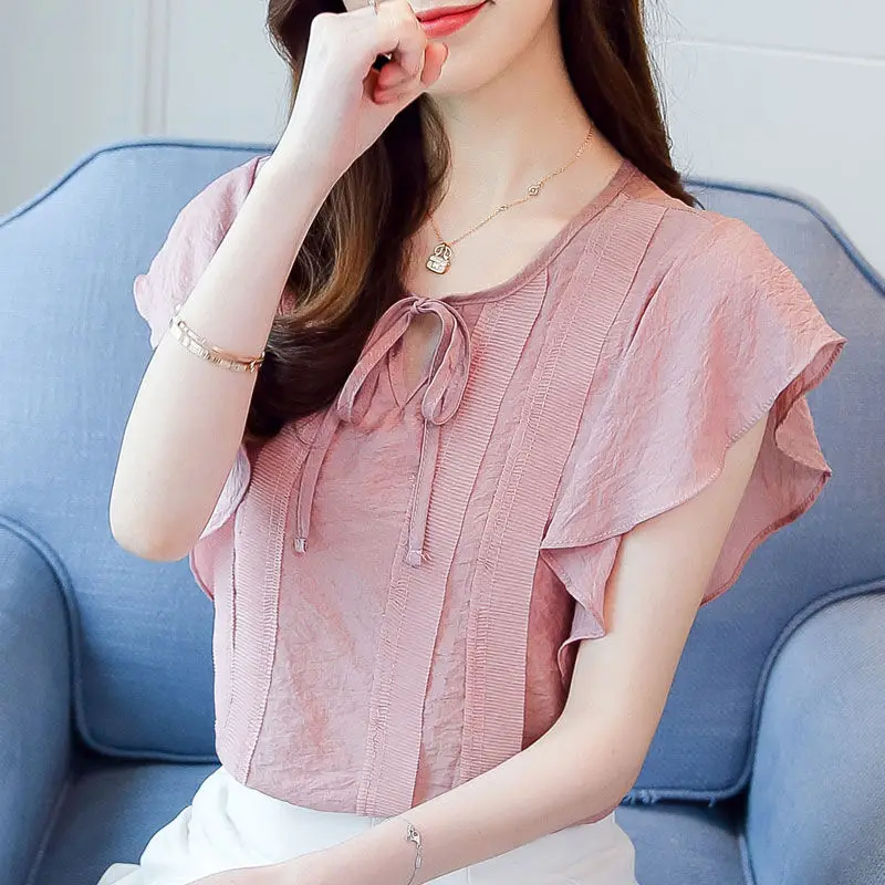 Female O-Neck Bow Lacing Hollow Out Solid Blouse Loose Oversize Flying Sleeve Patchwork Chiffon Shirt Women's Summer Clothing - Image 2