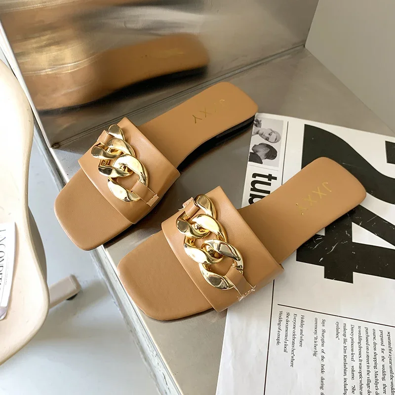 2024 New Fashion Women's Slippers Square Toe Chain Slippers Flat Slide Sandals Beach Flip Flops Metal Decoration Casual Shoes - Image 4